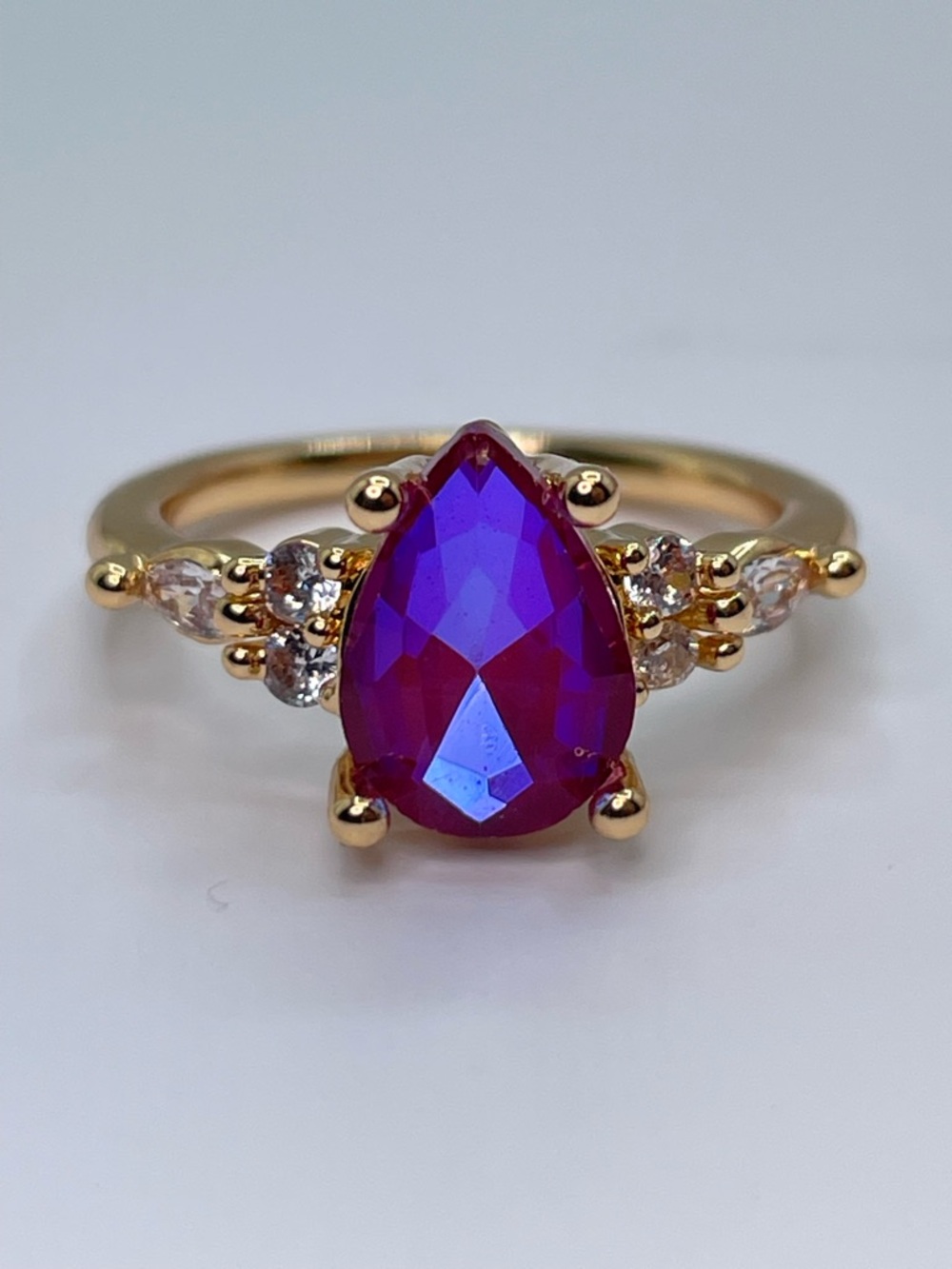 Gold Teardrop Pink Purple AB CZ Ring Elegant Statement Modern Color Shifting